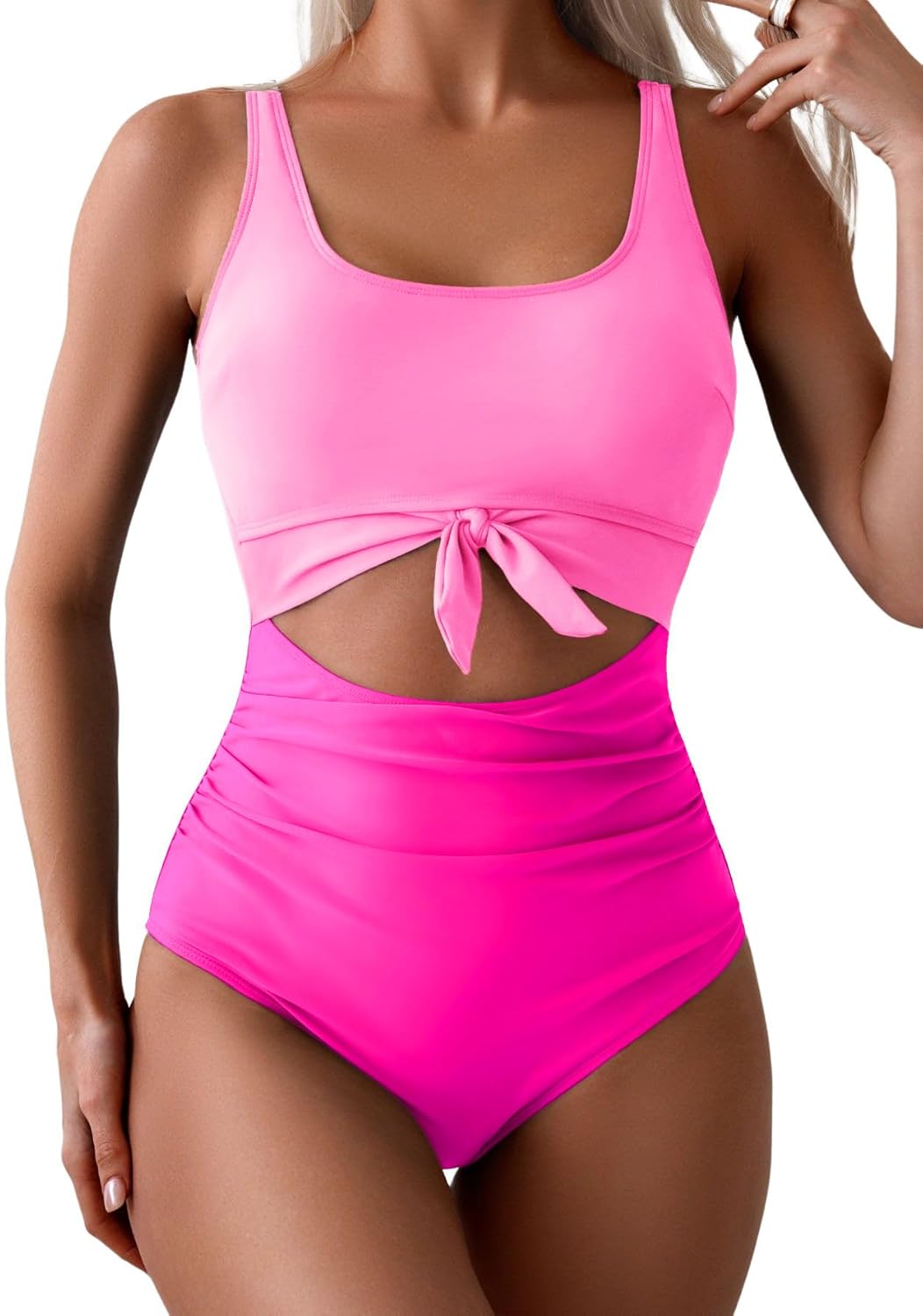 Women's One-Piece Swimsuit Tummy Control Cutout Tie Knot Bathing Suit with Scoop Neck & U-Back