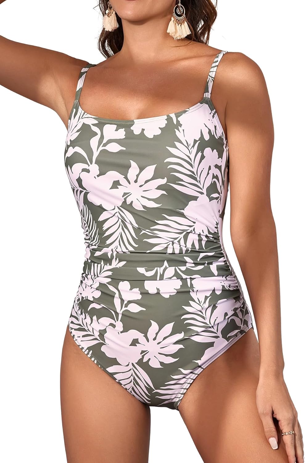 Women's One-Piece Swimsuit Tummy Control Ruched Bathing Suit with Square Neck