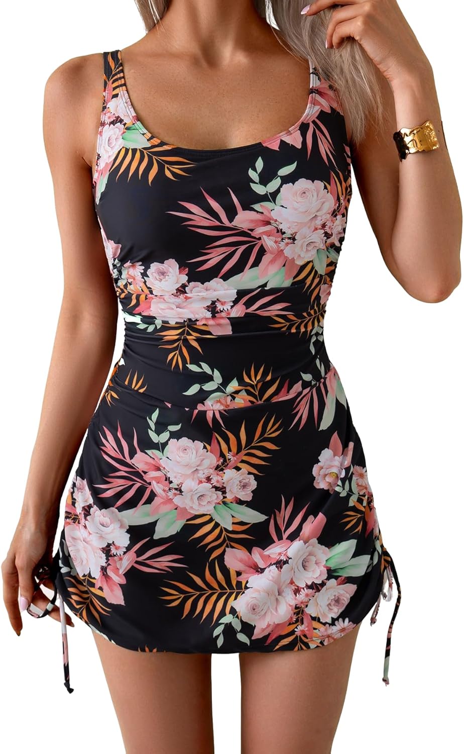 Women's One-Piece Swimdress Tummy Control Bathing Suit with Push-Up Support, Drawstring Hem & Full Bottom Coverage