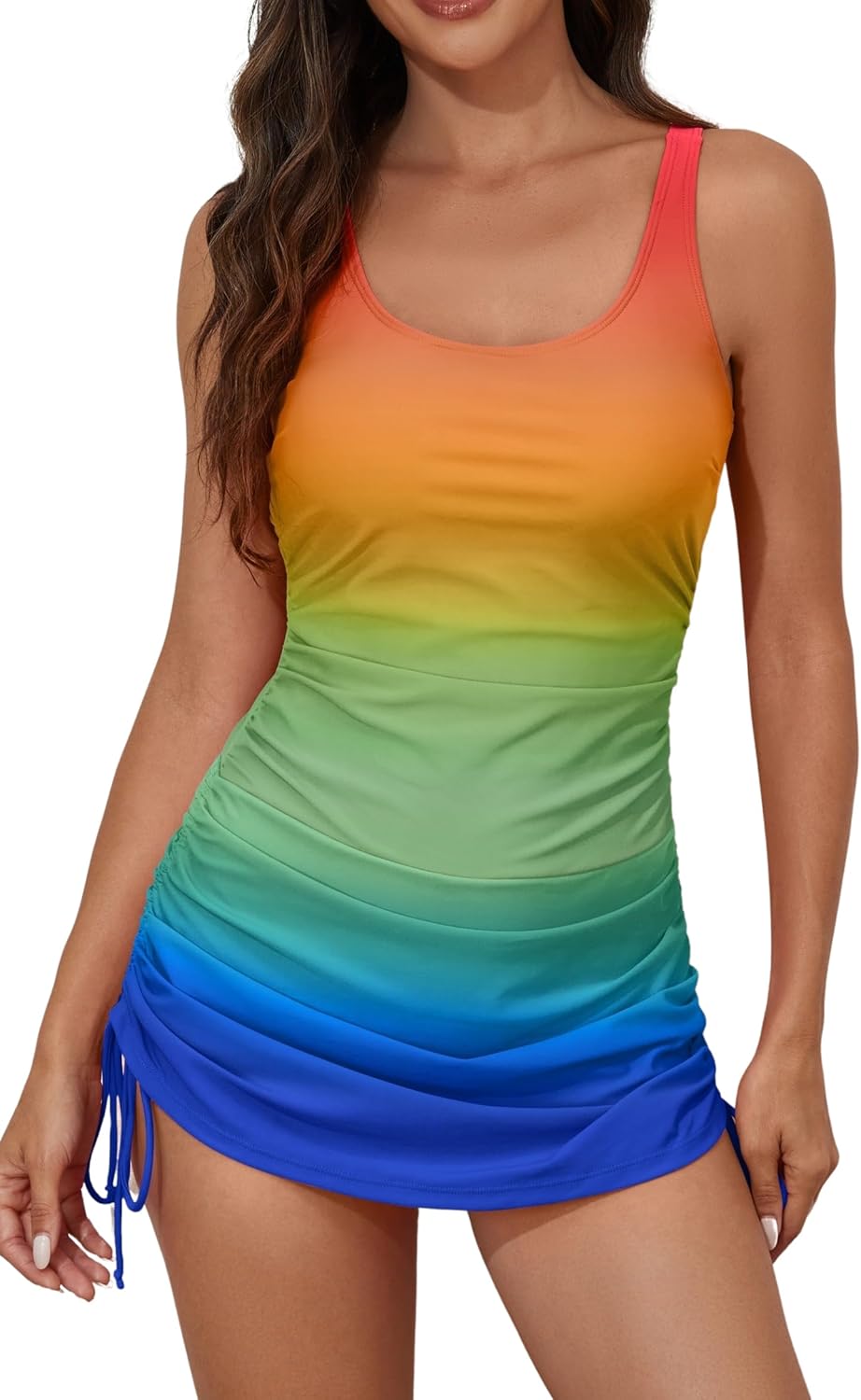 Women's One-Piece Swimdress Tummy Control Bathing Suit with Push-Up Support, Drawstring Hem & Full Bottom Coverage