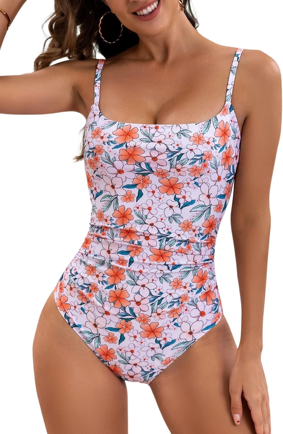 Women's One-Piece Swimsuit Tummy Control Ruched Bathing Suit with Square Neck