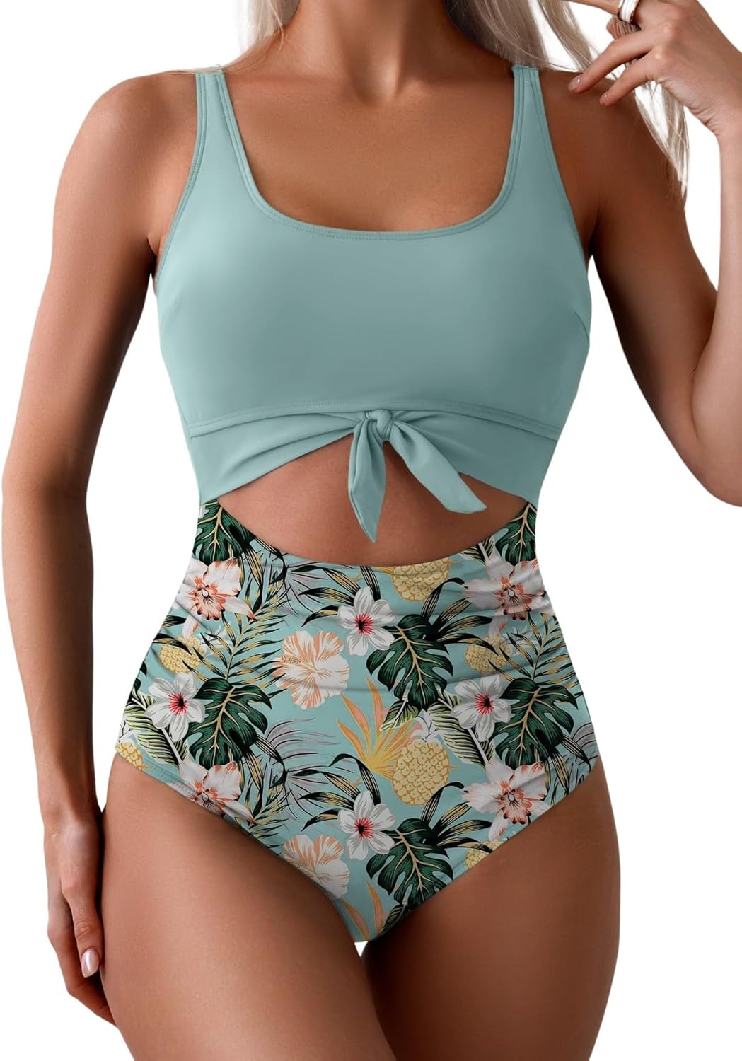 Women's Tummy Control One-Piece Swimsuit Cutout Tie Knot Bathing Suit with Scoop Neck & U Back