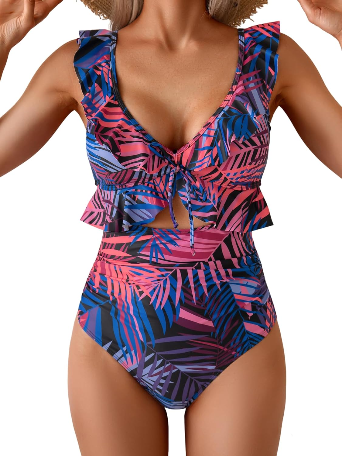 Women's Ruffle V-Neck One-Piece Swimsuit Tummy Control Bathing Suit with Ruched Waist, Cutout & Push-Up Support
