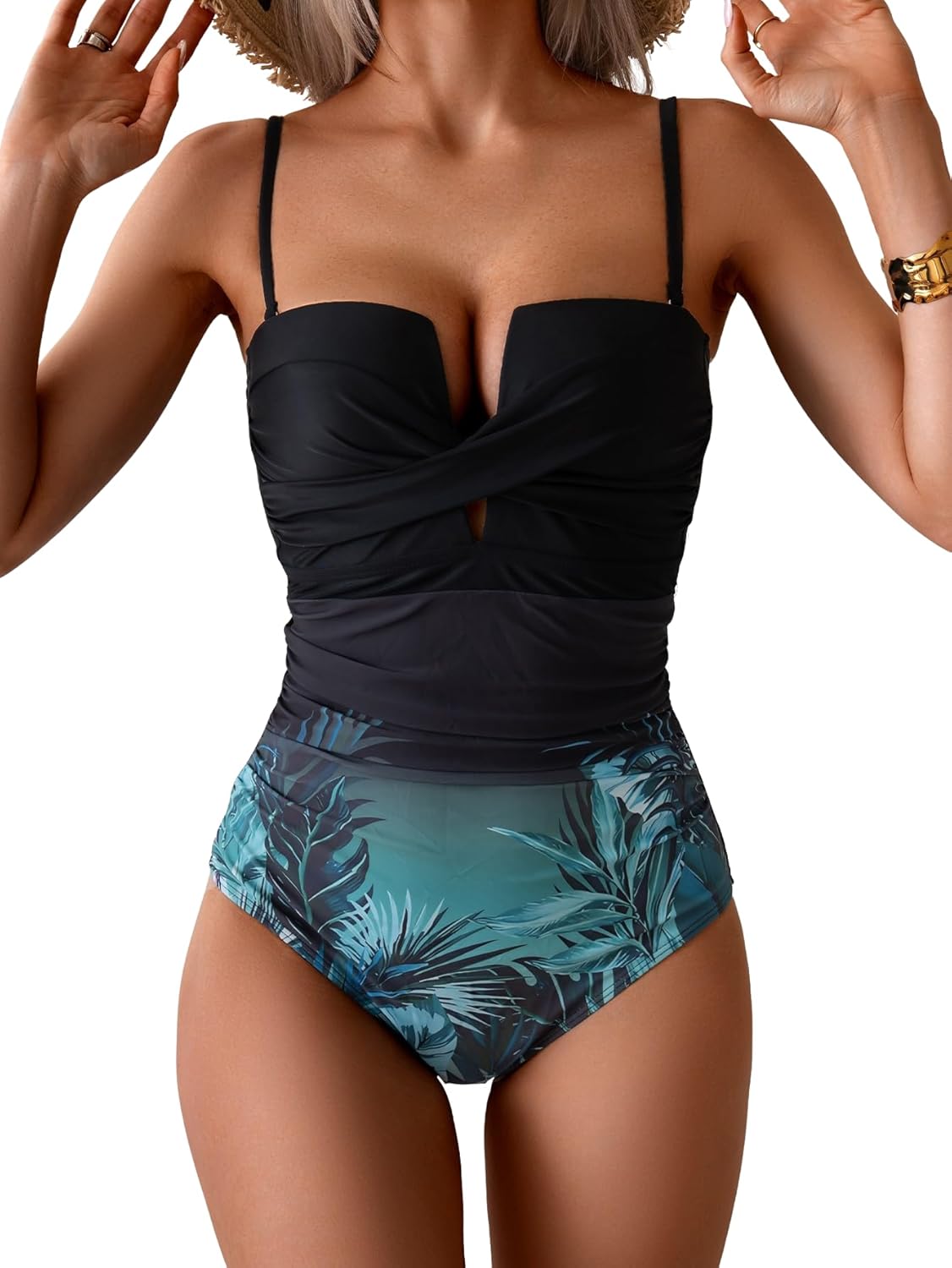 Women's Wrap Front One-Piece Swimsuit Push-Up Tummy Control Bathing Suit with Removable Straps & Bandeau Support