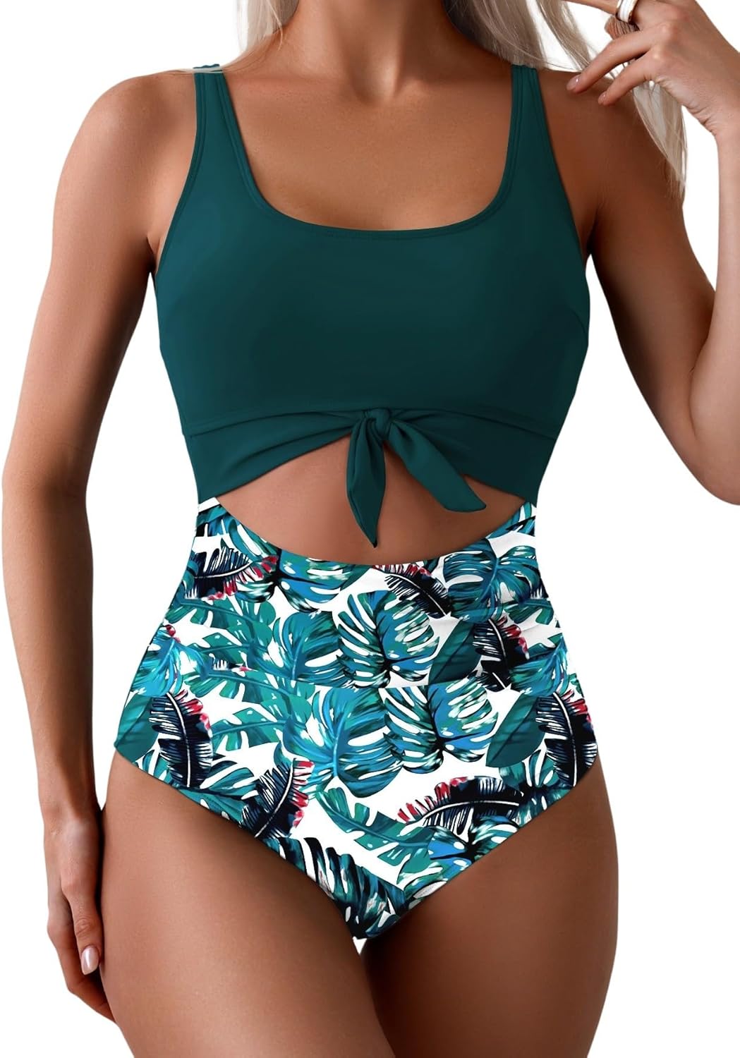 Women's Tummy Control One-Piece Swimsuit Cutout Tie Knot Bathing Suit with Scoop Neck & U Back