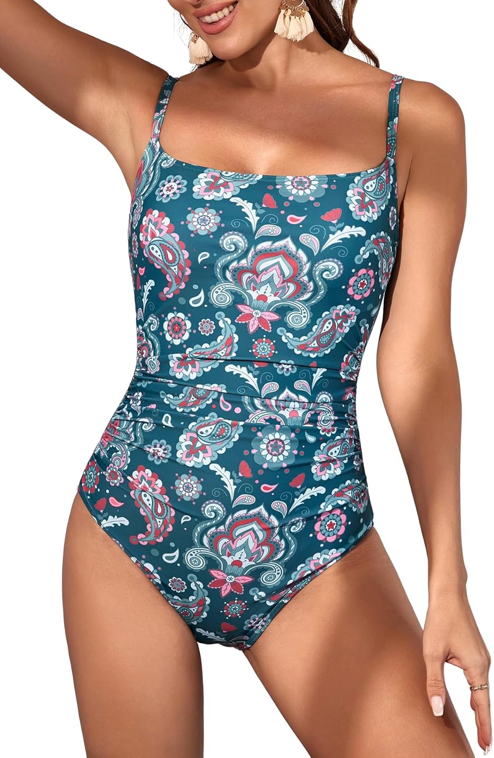 Women's One-Piece Swimsuit Tummy Control Ruched Bathing Suit with Square Neck