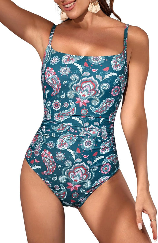 Women's One-Piece Swimsuit Tummy Control Ruched Bathing Suit with Square Neck