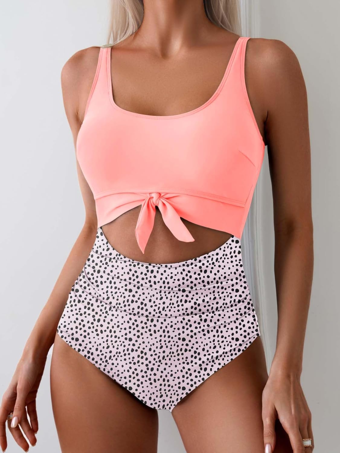 Women's One-Piece Swimsuit Tummy Control Cutout Tie Knot Bathing Suit with Scoop Neck & U-Back