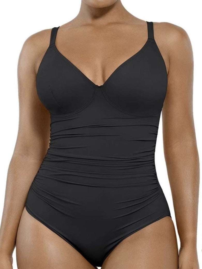 2025 Plus Size Tummy Control One-Piece Swimsuit for Women Solid Color Double-Strap Bathing Suit