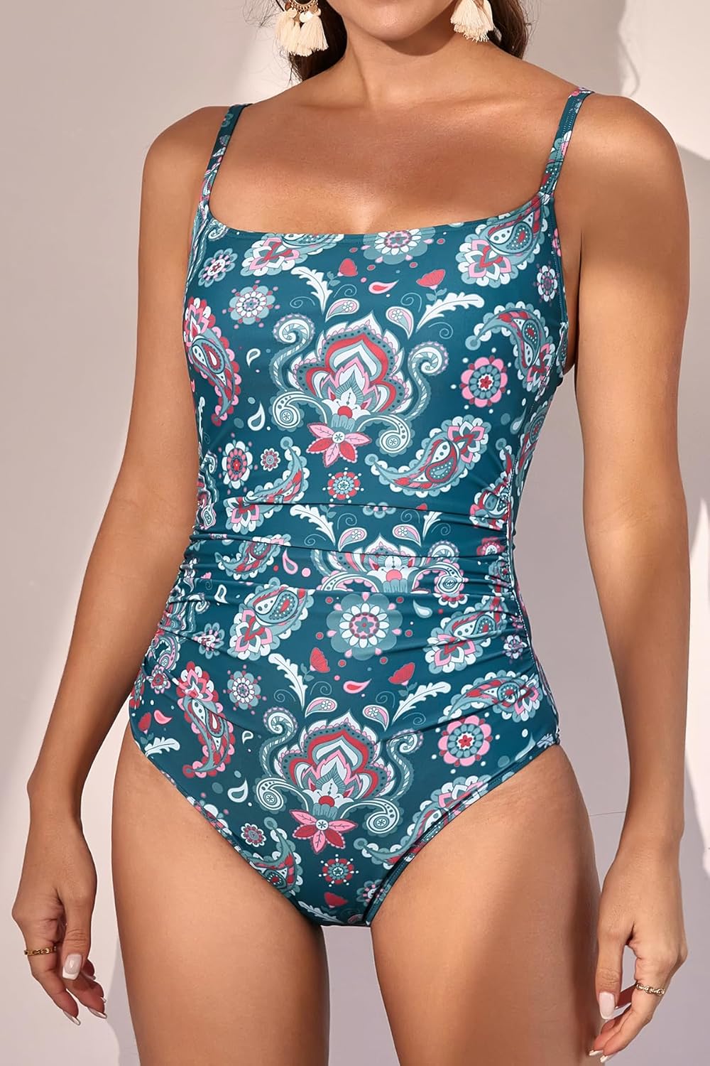 Women's One-Piece Swimsuit Tummy Control Ruched Bathing Suit with Square Neck