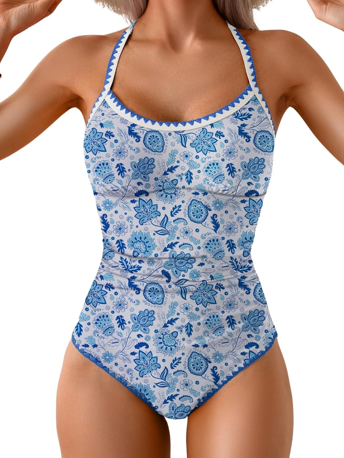 Women's Ruched One-Piece Swimsuit Tummy Control Bathing Suit with Shell Stitch, Tie Back & Push-Up Support