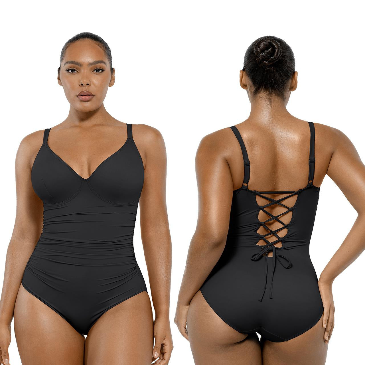 2025 Plus Size Tummy Control One-Piece Swimsuit for Women Solid Color Double-Strap Bathing Suit