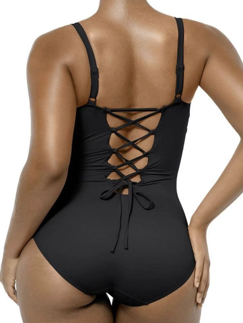 2025 Plus Size Tummy Control One-Piece Swimsuit for Women Solid Color Double-Strap Bathing Suit